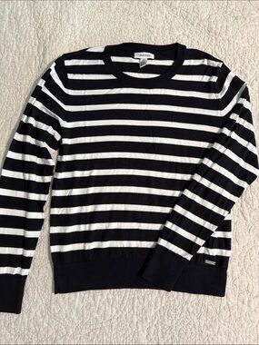 Calvin Klein Woman’s Lightweight Black and White Striped Crewneck Sweater, Sz L